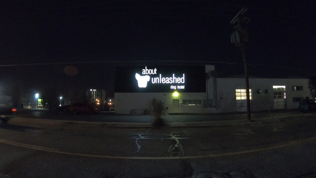 Picture of Unleashed Dog Hotel at night time from the street view. You can see more FAQs here.